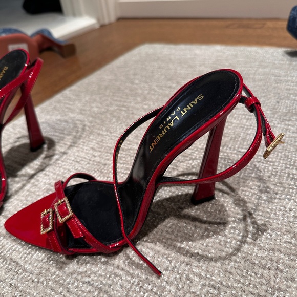 Saint Laurent Crystal Buckle Ankle Strap Sandal in Tibet Red - Picture 5 of 6